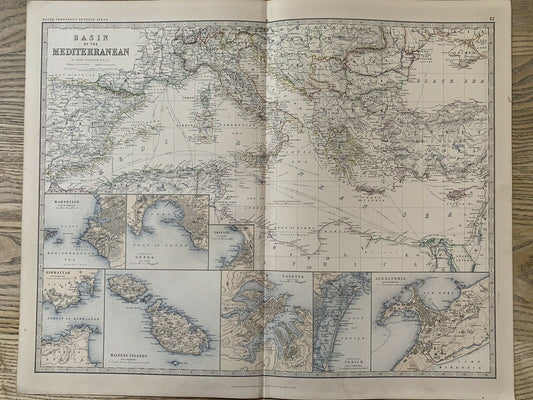 1883 Mediterranean Sea Large Hand Coloured Antique Map By A.K. Johnston