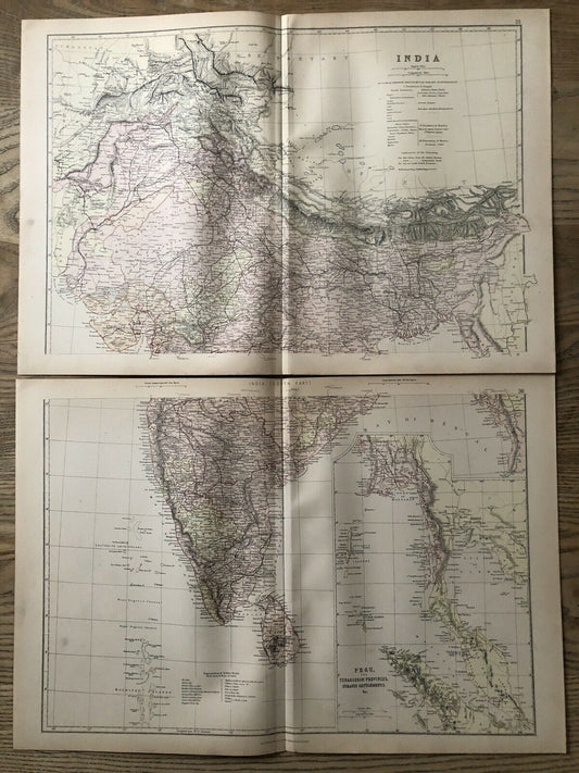 1884 India Large Coloured Antique Map On Two Sheets By W.G. Blackie