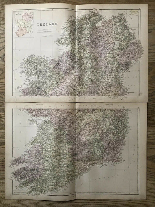 1884 Ireland Large Coloured Antique Map On Two Sheets By W.G. Blackie