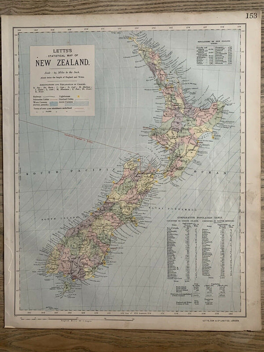 1889 New Zealand Original Antique Map By Letts, Son & Co. 131 Years Old