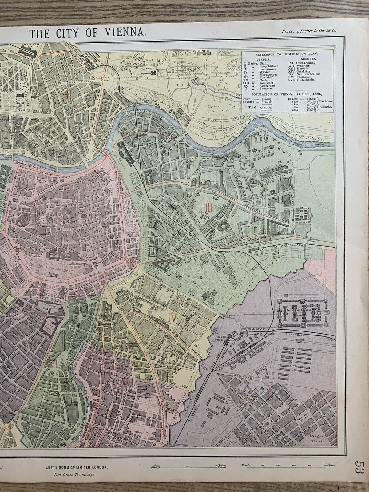 1889 Vienna City Plan Austria Original Antique Map By Letts, Son & Co.