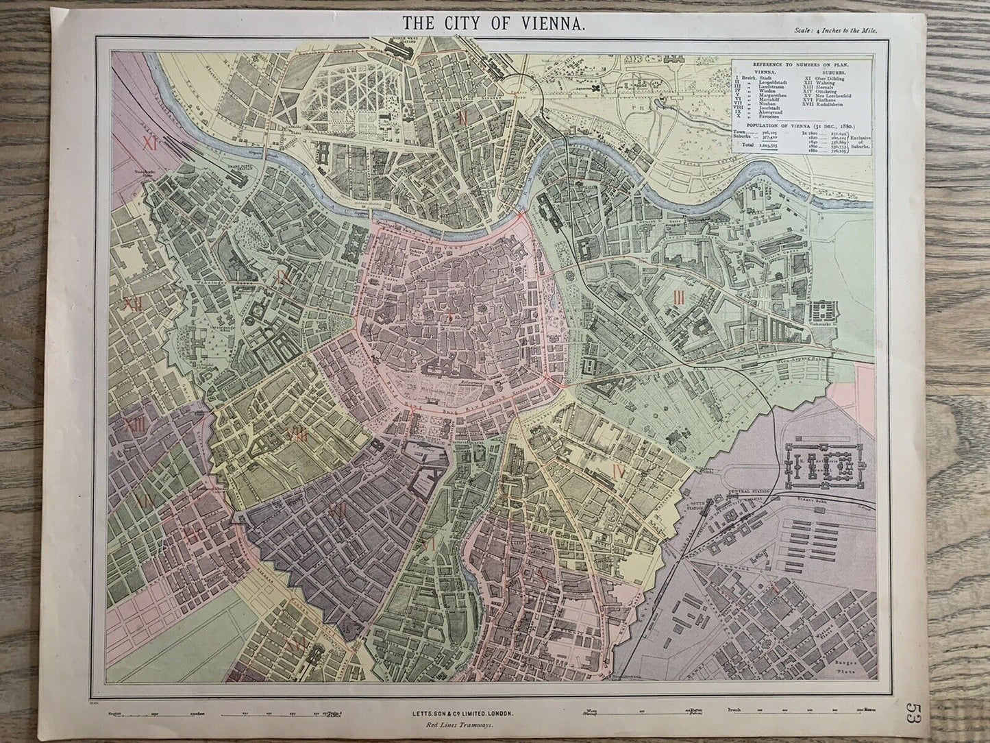 1889 Vienna City Plan Austria Original Antique Map By Letts, Son & Co.