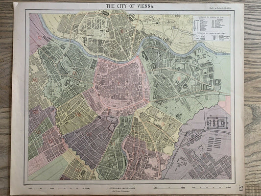 1889 Vienna City Plan Austria Original Antique Map By Letts, Son & Co.