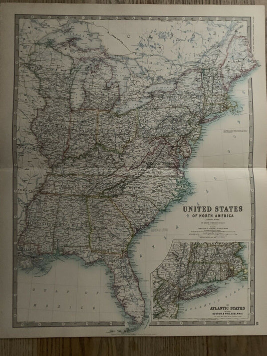 1893 Eastern United States Large Original Antique Map By Johnston 126 Years Old