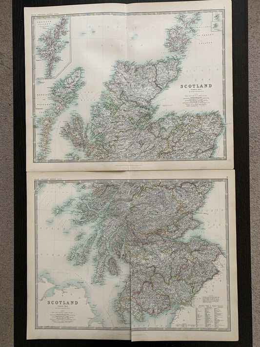 1893 Scotland On Two Sheets Large Antique Map By Johnston 126 Years Old