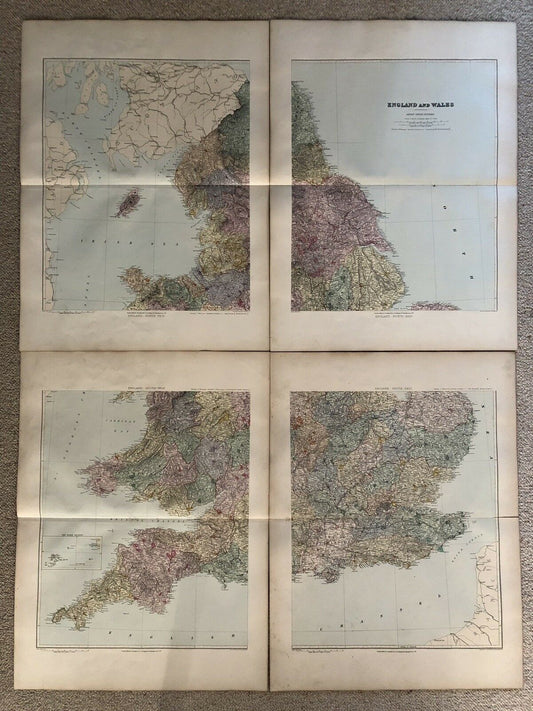 1894 England & Wales Huge Map On Four Sheets From Edward Stanford London Atlas