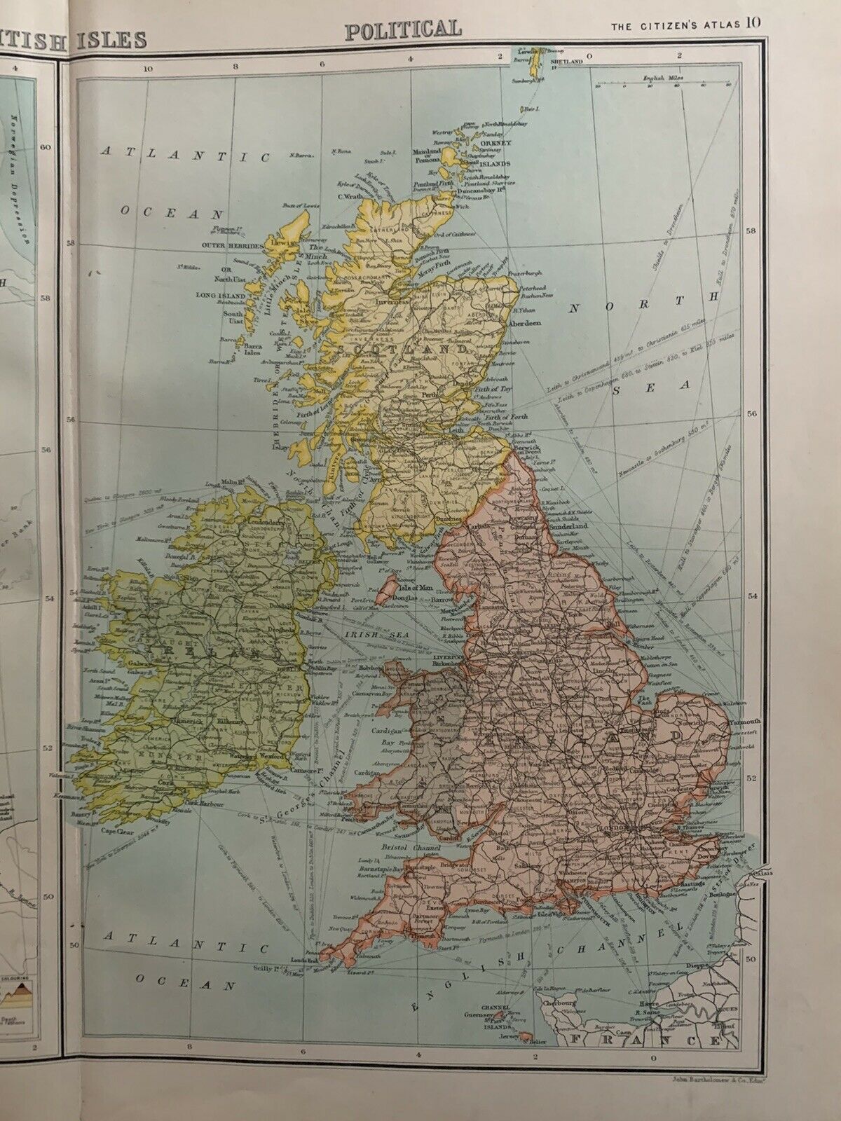 1898 British Isles Physical & Political Antique Colour Map By John Bartholomew