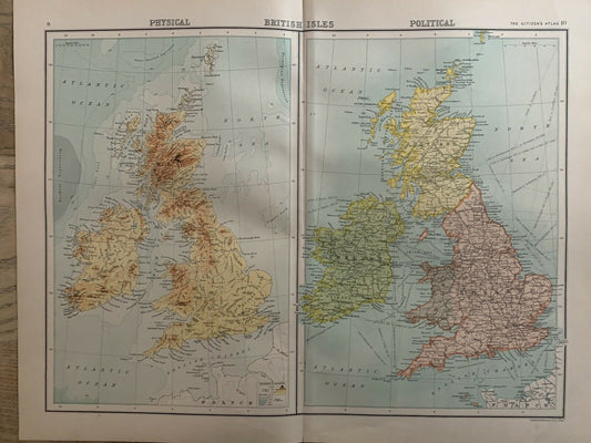 1898 British Isles Physical & Political Antique Colour Map By John Bartholomew