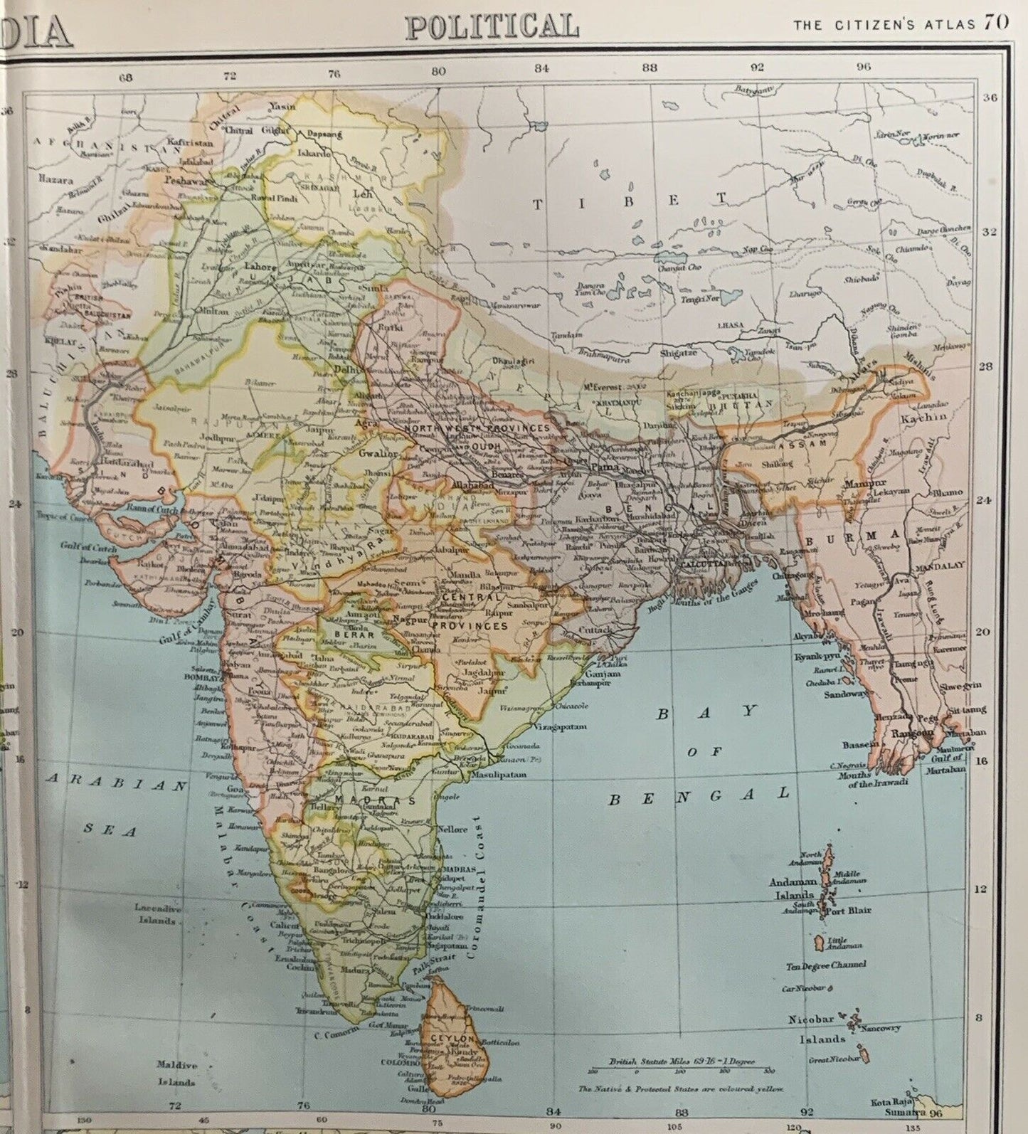 1898 India Antique Colour Map By John Bartholomew 122 Years Old