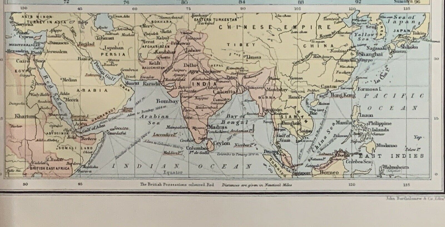1898 India Antique Colour Map By John Bartholomew 122 Years Old