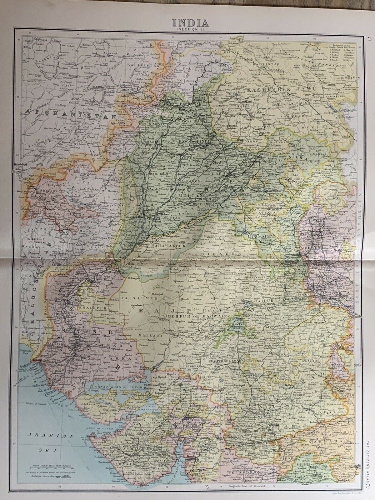 1898 North West India Antique Colour Map By John Bartholomew 122 Years Old