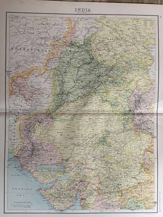 1898 North West India Antique Colour Map By John Bartholomew 122 Years Old