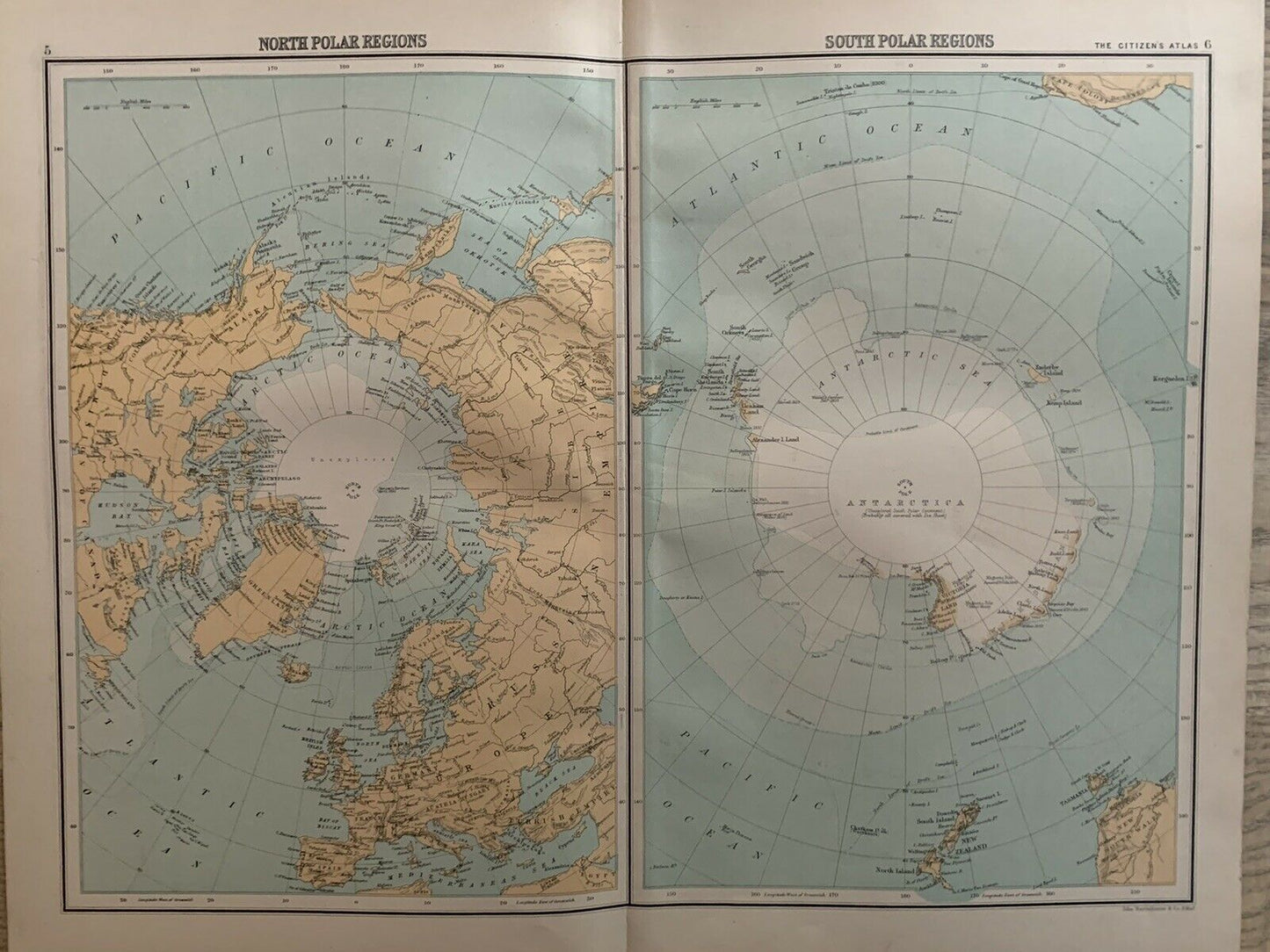 1898 North & South Pole Arctic & Antarctic Polar Regions Antique Colour Map