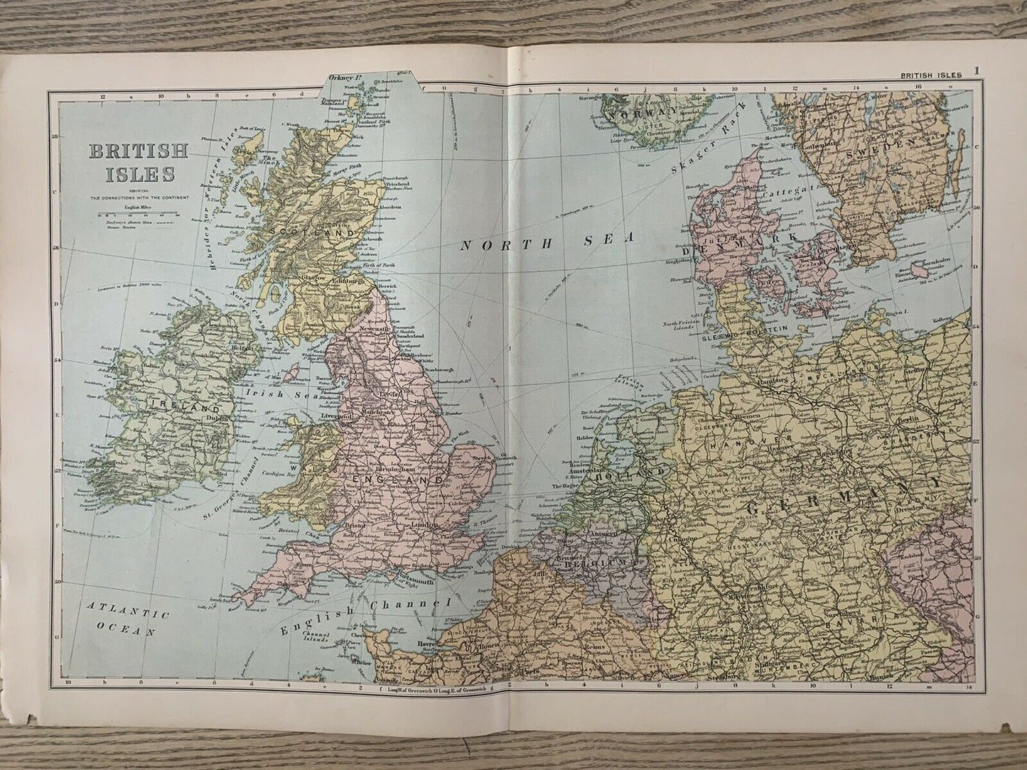 1899 British Isles & North Sea Original Antique Map By G.W. Bacon 121 Years Old