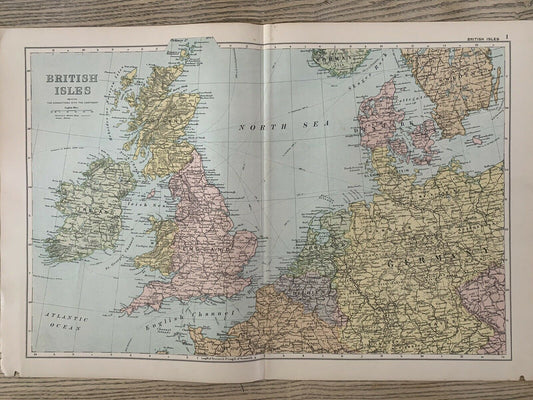 1899 British Isles & North Sea Original Antique Map By G.W. Bacon 121 Years Old