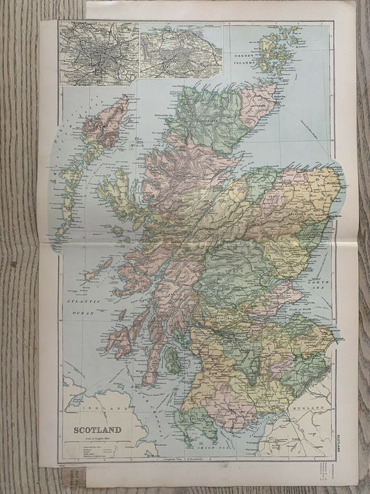 1899 Scotland Original Antique Map By G.W. Bacon 121 Years Old