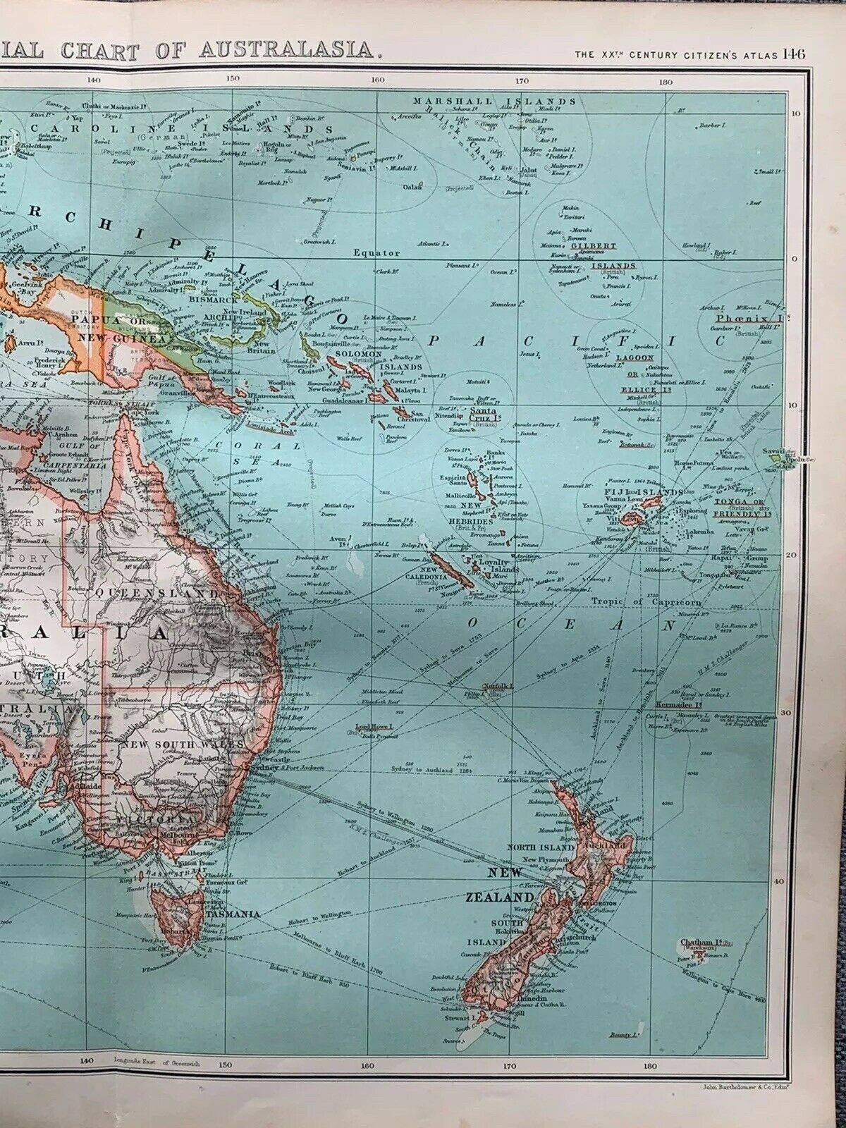 1902 Australasia Original Antique Map By John Bartholomew