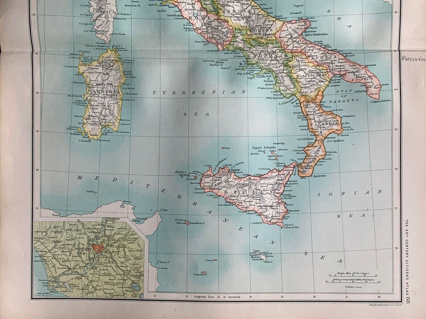 1902 Italy Original Antique Colour Map By John Bartholomew