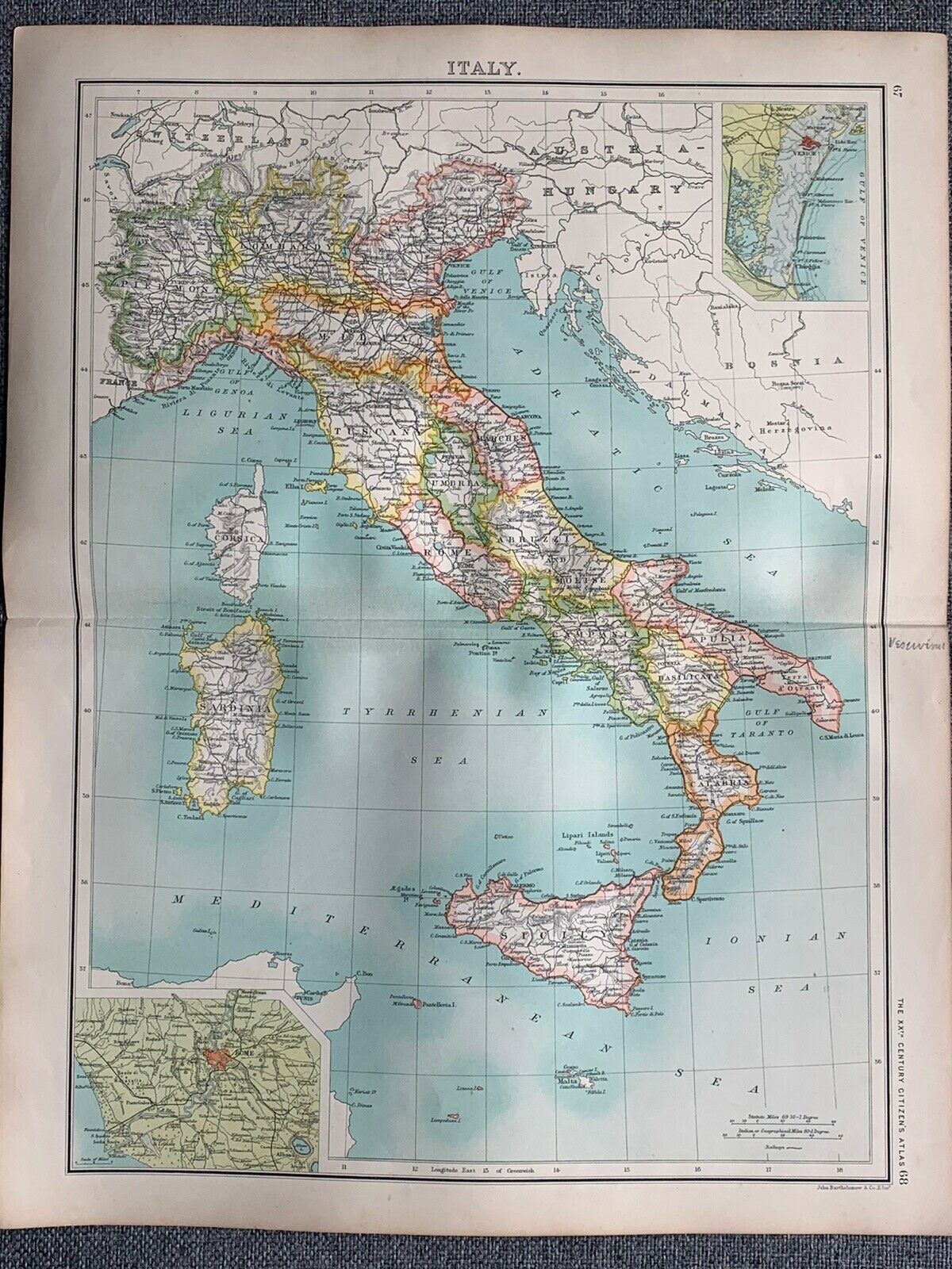 1902 Italy Original Antique Colour Map By John Bartholomew