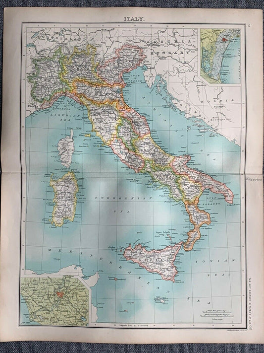 1902 Italy Original Antique Colour Map By John Bartholomew