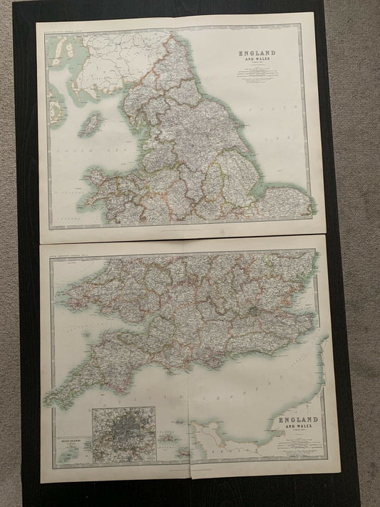 1912 England & Wales Large Antique Coloured Map By Johnston