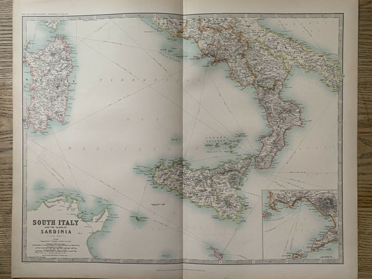 1912 South Italy Large Antique Coloured Map By Johnston