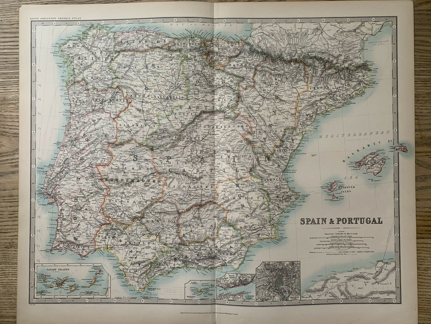 1912 Spain & Portugal Large Antique Coloured Map By Johnston