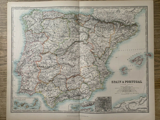 1912 Spain & Portugal Large Antique Coloured Map By Johnston