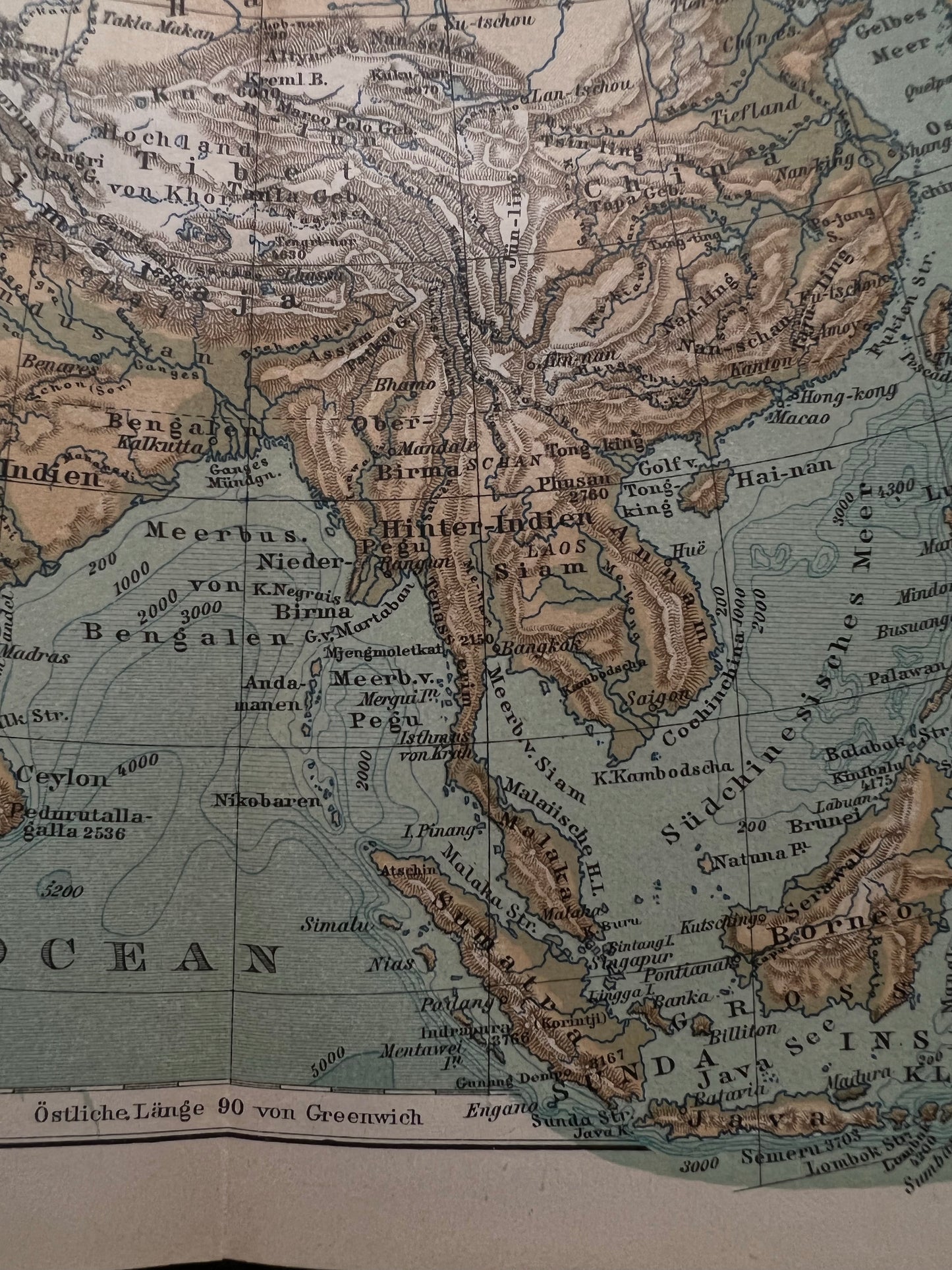 1890s Antique Physical Map of Asia by Brockhaus