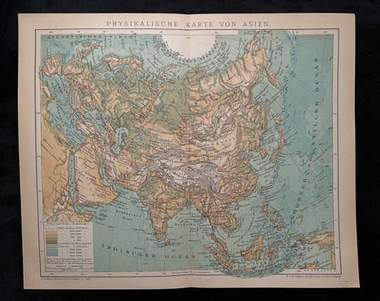 1890s Antique Physical Map of Asia by Brockhaus